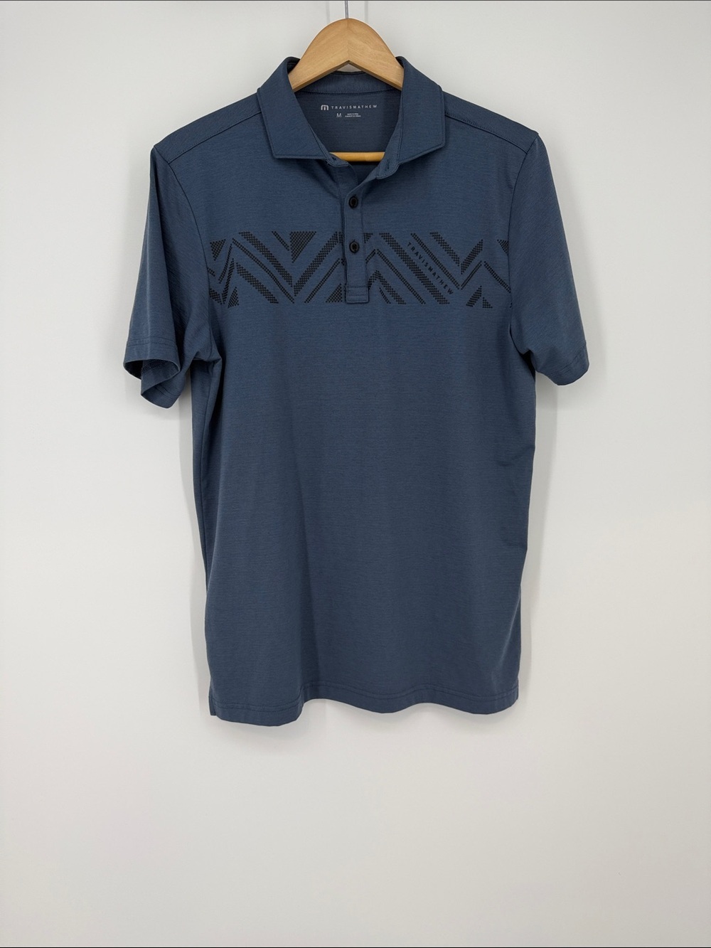Travis Mathew Slate Blue Polo with Geometric Chest Stripe
